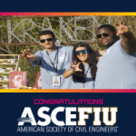 ASCE FIU Congratulation banner with 3 students doing a paws up with their hands